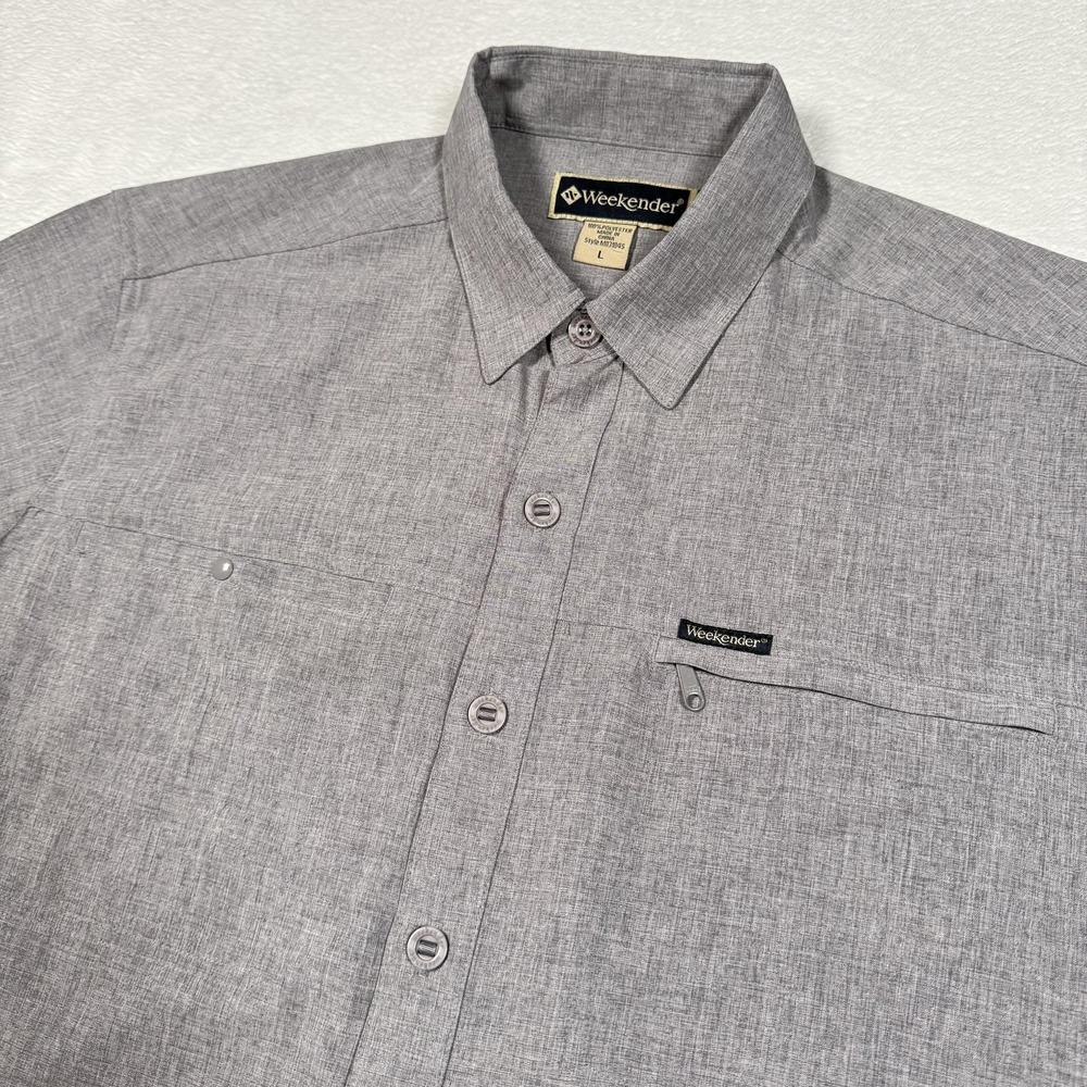 Weekender Shirt Mens Large Gray Short‎ Sleeve Button Up Outdoor Travel Pockets